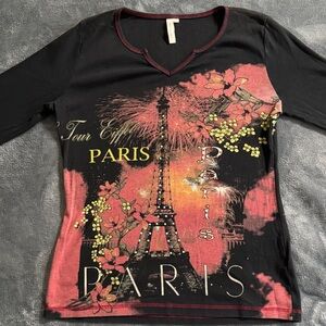Susan Lawrence Chic Paris Graphic Long Sleeve Top - Black and Red Y2K